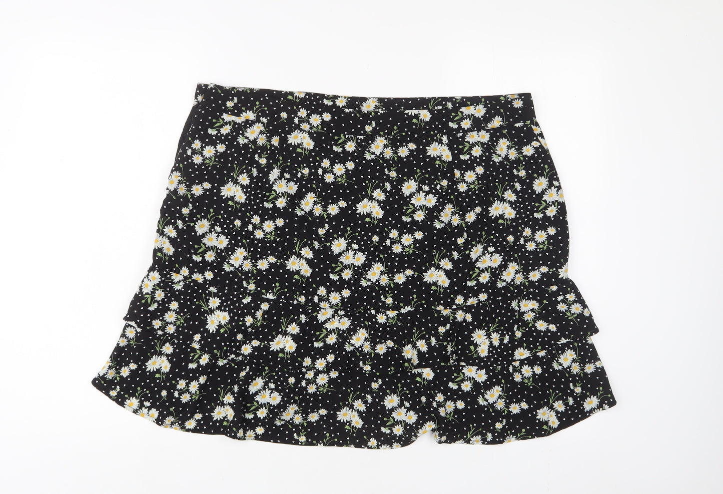 Oasis Womens Black Floral Polyester A-Line Skirt Size 18 Button