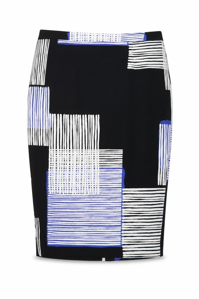 Front view of Next women’s black geometric polyester a-line skirt, size UK 10, zip