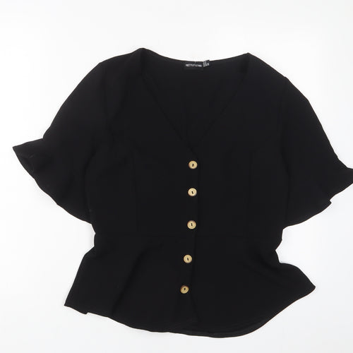 PRETTYLITTLETHING Womens Black Polyester Basic Button-Up Size 10 V-Neck