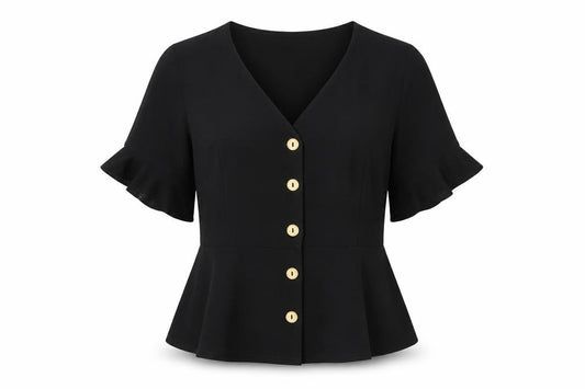 Front view of PRETTYLITTLETHING women’s black polyester basic button-up, size UK 10, v-neck