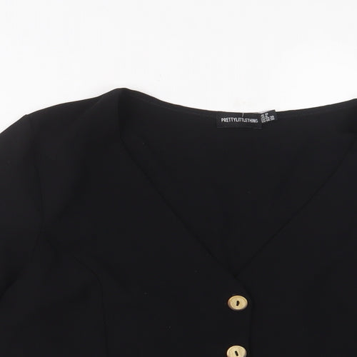 PRETTYLITTLETHING Womens Black Polyester Basic Button-Up Size 10 V-Neck