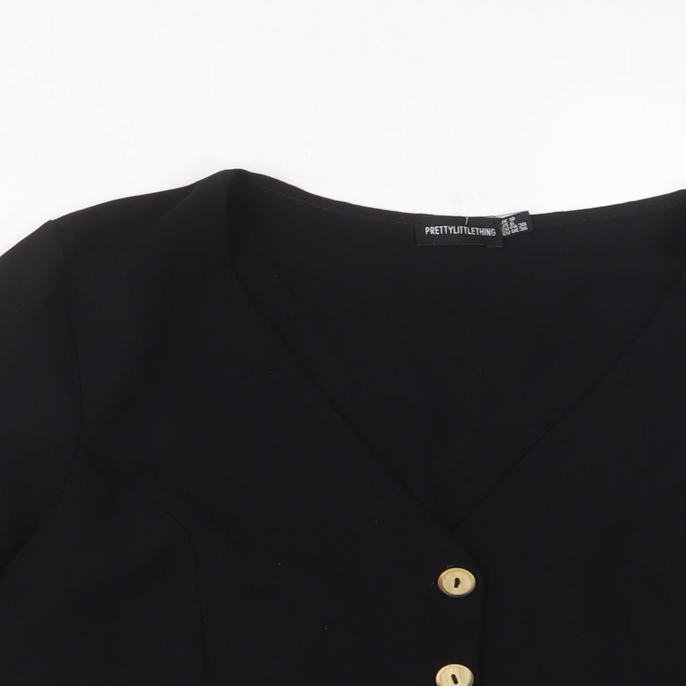 PRETTYLITTLETHING Womens Black Polyester Basic Button-Up Size 10 V-Neck
