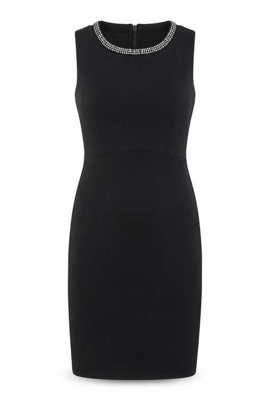 Front view of Topshop women’s black polyester a-line, size UK 10, crew neck zip - studded