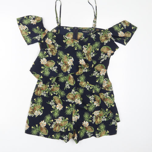 Boohoo Womens Blue Floral Polyester Playsuit One-Piece Size 8 Zip - Cold Shoulder
