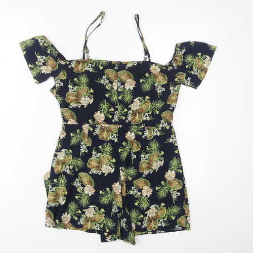 Boohoo Womens Blue Floral Polyester Playsuit One-Piece Size 8 Zip - Cold Shoulder