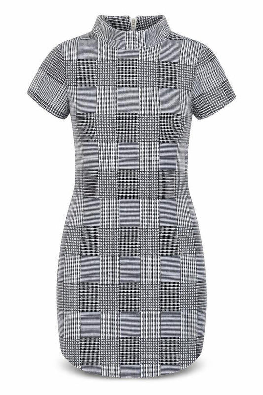 Front view of AX Paris women’s grey plaid polyester bodycon, size UK 10, round neck zip