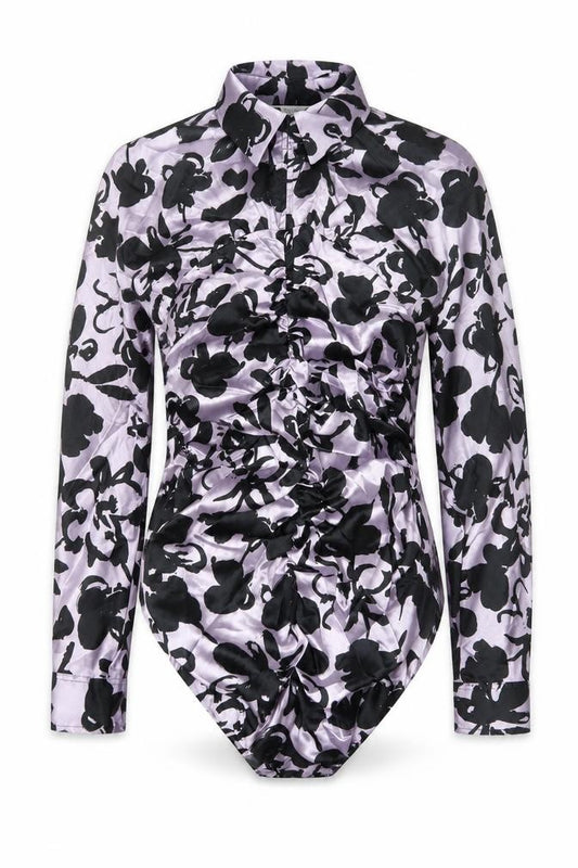 Front view of Zara women’s purple animal print polyester a-line, size M, collared button