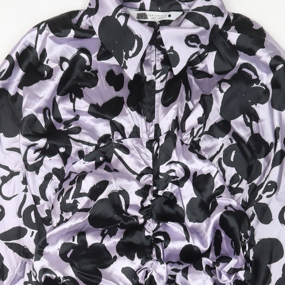 Zara Womens Purple Animal Print Polyester A-Line Size M Collared Button