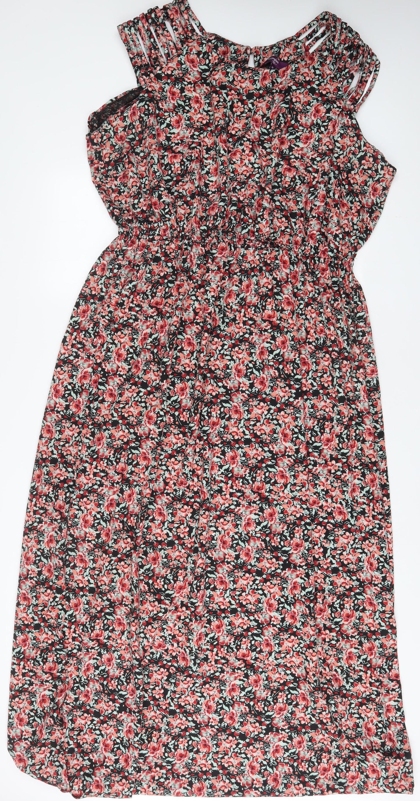 New Look Womens Red Floral Polyester A-Line Size 26 Boat Neck Button