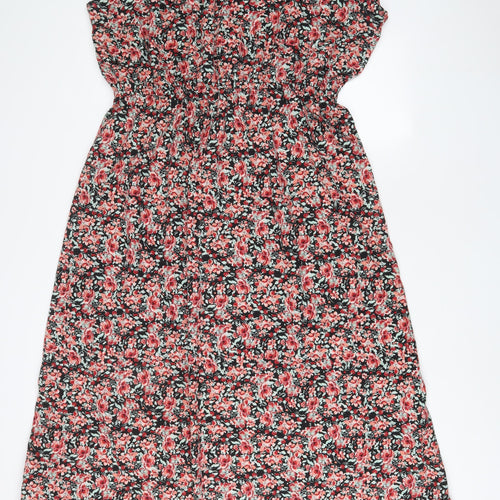 New Look Womens Red Floral Polyester A-Line Size 26 Boat Neck Button