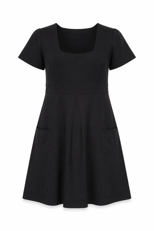 Front view of Implicate women’s black polyester a-line, size UK 14, square neck pullover - embroidered