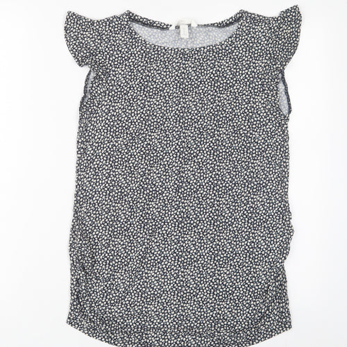 H&M Womens Blue Floral Viscose Basic T-Shirt Size M Crew Neck