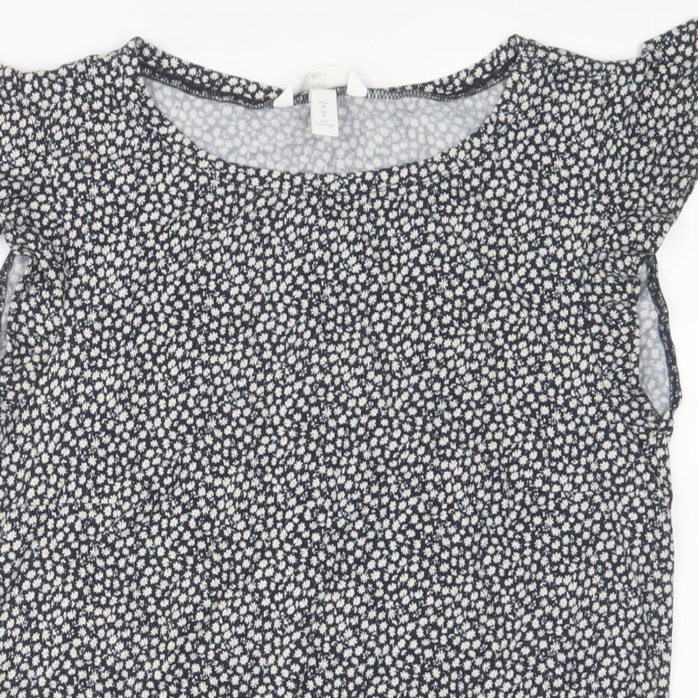 H&M Womens Blue Floral Viscose Basic T-Shirt Size M Crew Neck