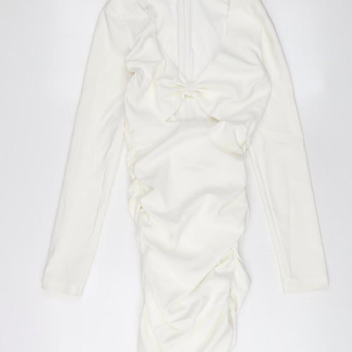 Zara Womens White Polyester Bodycon Size XS V-Neck Zip