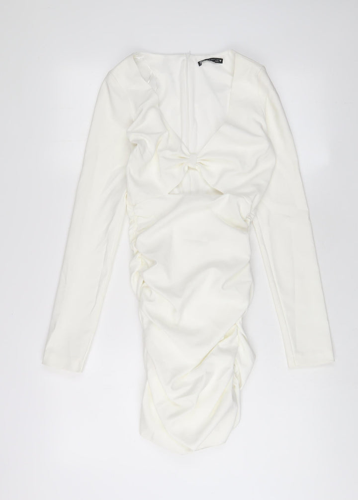 Zara Womens White Polyester Bodycon Size XS V-Neck Zip