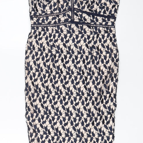 Coast Womens Beige Geometric Polyamide Sheath Size 10 V-Neck Zip - Embroidered