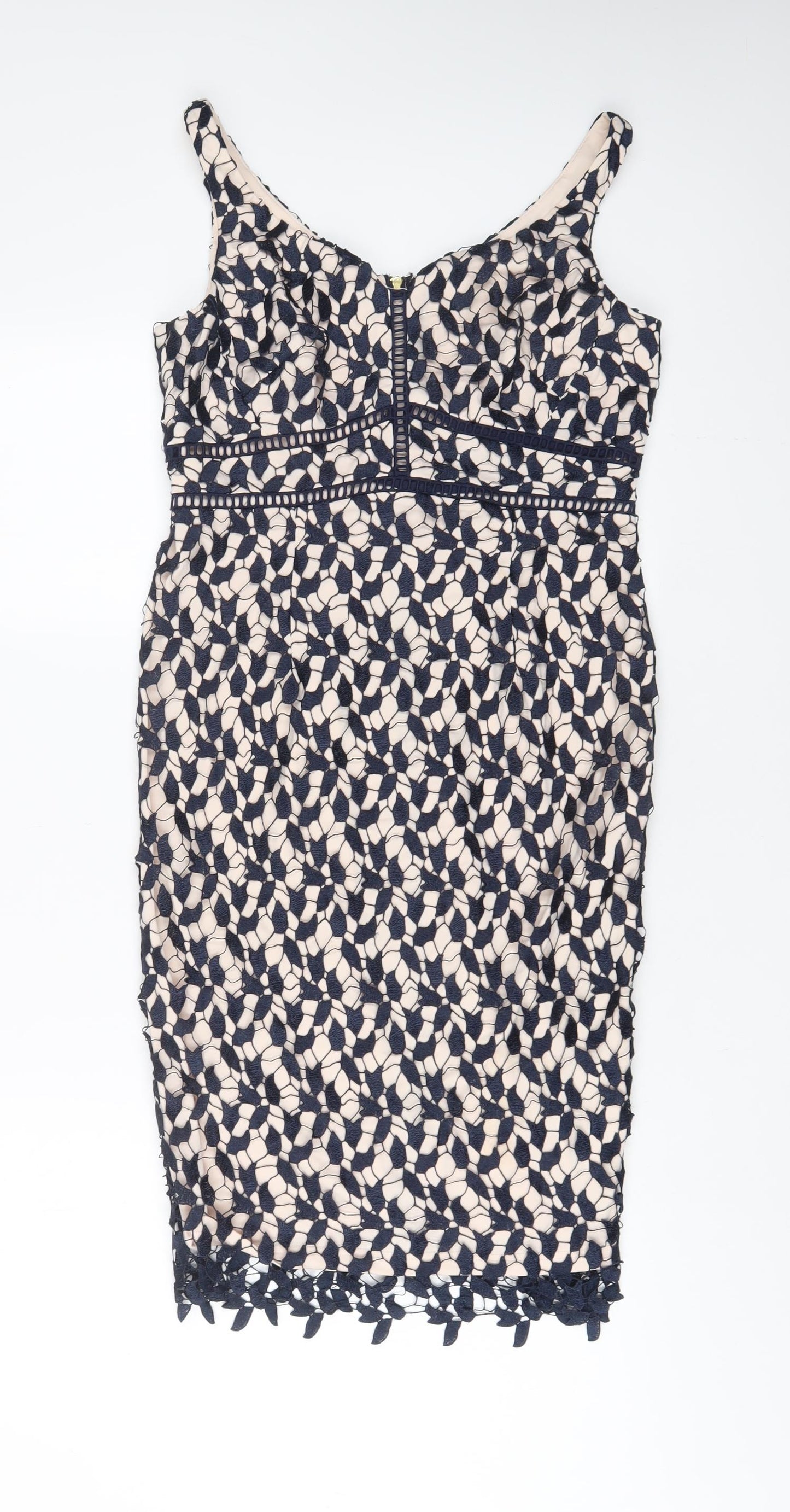Coast Womens Beige Geometric Polyamide Sheath Size 10 V-Neck Zip - Embroidered