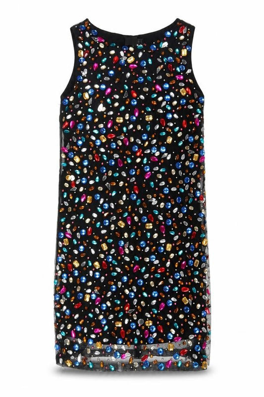 Front view of ASOS women’s black polyester a-line, size UK 10, boat neck zip - jewels