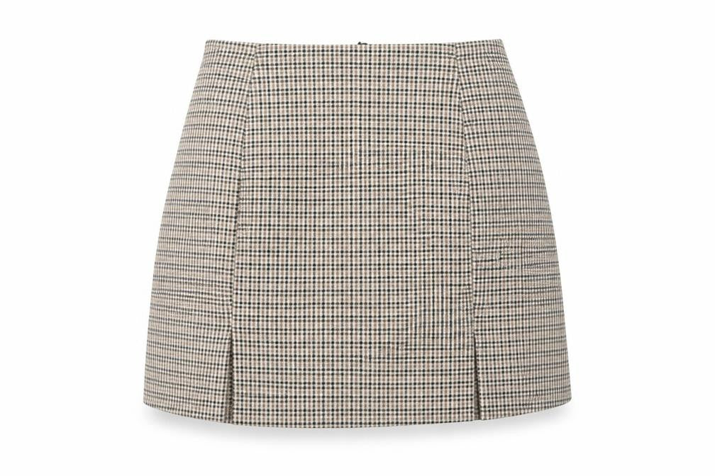 Front view of Nasty Gal women’s brown plaid polyester a-line skirt, size UK 10, zip