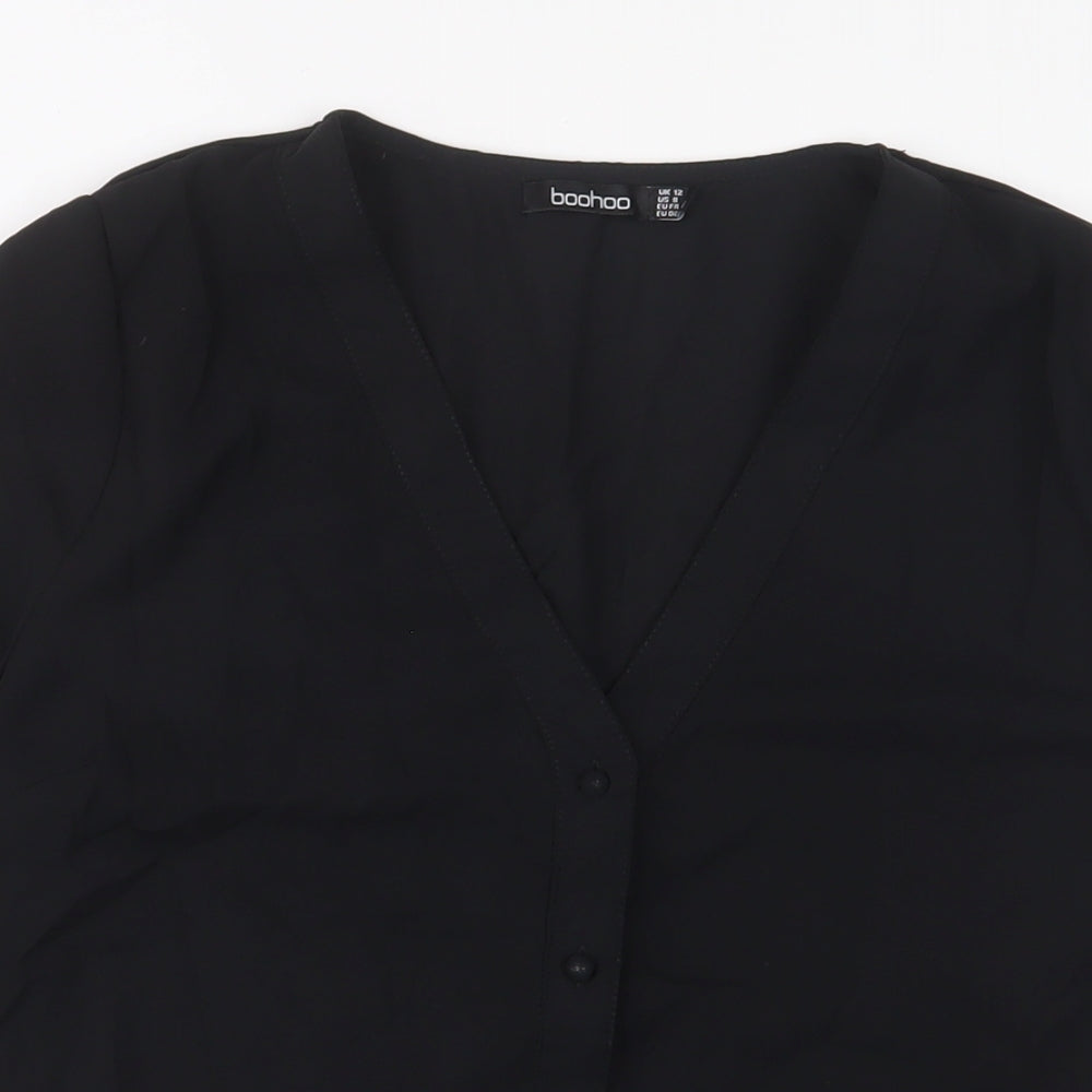 Boohoo Womens Black Polyester Basic Button-Up Size 12 V-Neck