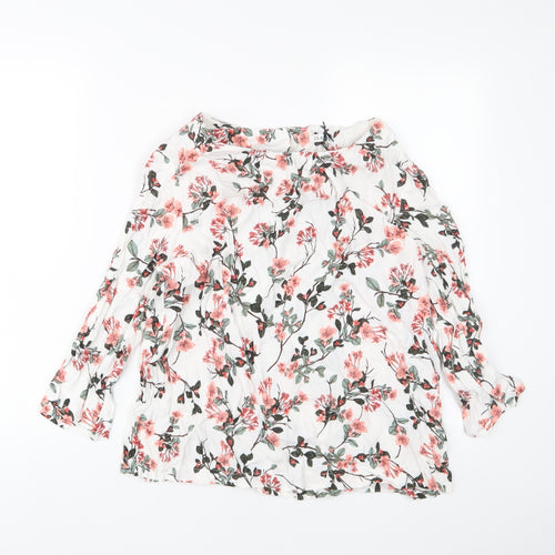 Classic Womens White Floral Viscose Basic Blouse Size 14 Crew Neck
