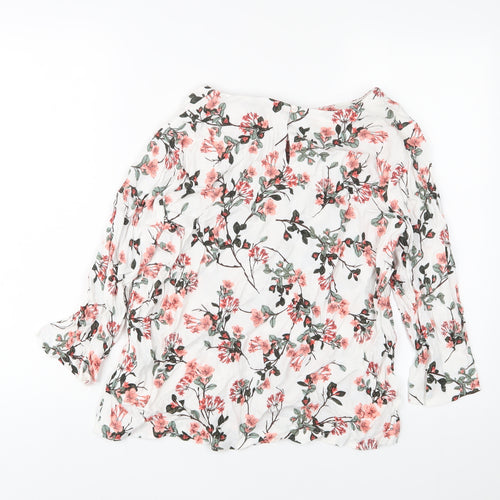 Classic Womens White Floral Viscose Basic Blouse Size 14 Crew Neck