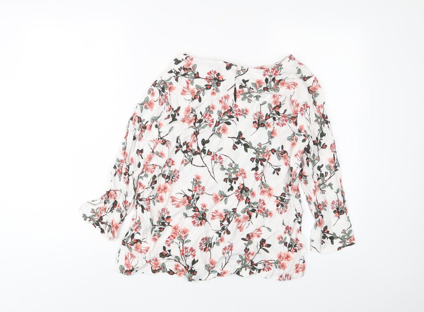 Classic Womens White Floral Viscose Basic Blouse Size 14 Crew Neck