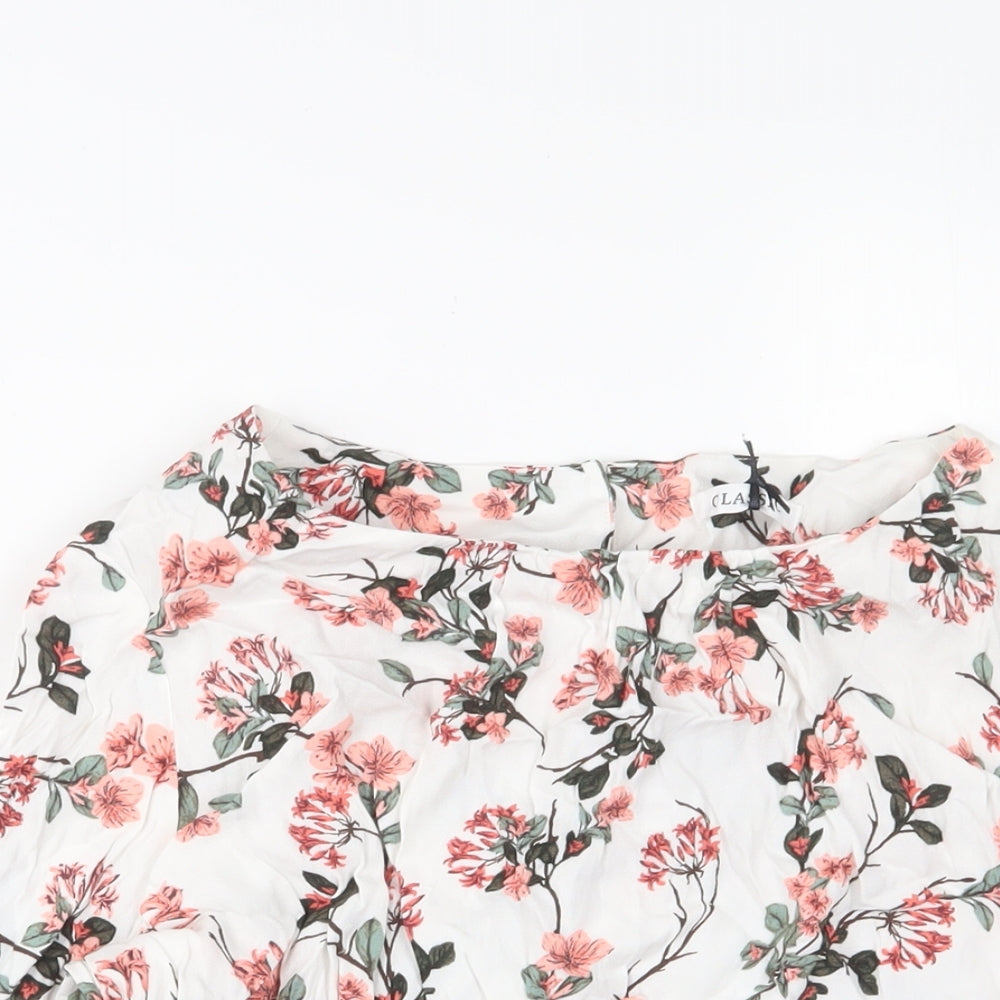 Classic Womens White Floral Viscose Basic Blouse Size 14 Crew Neck