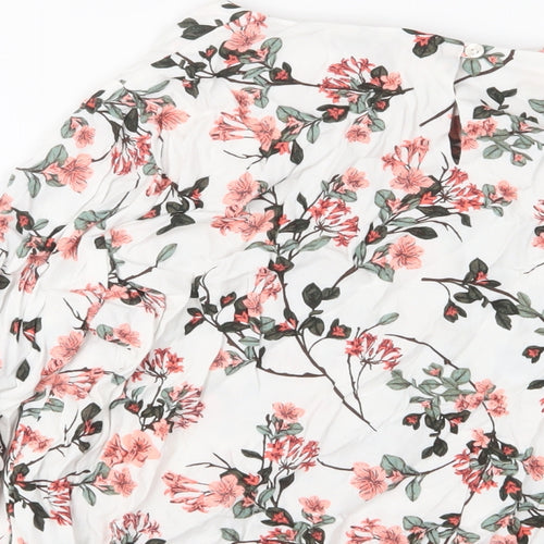 Classic Womens White Floral Viscose Basic Blouse Size 14 Crew Neck