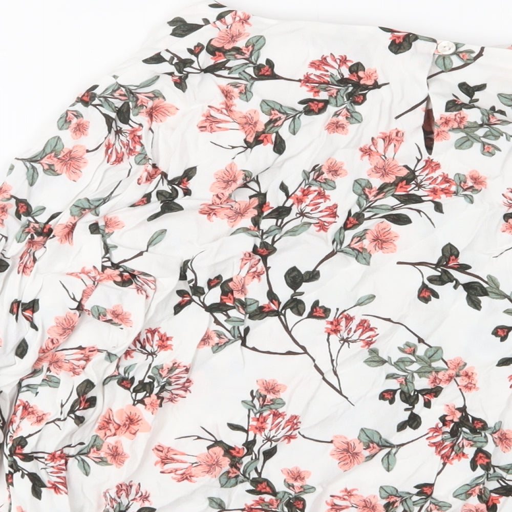 Classic Womens White Floral Viscose Basic Blouse Size 14 Crew Neck