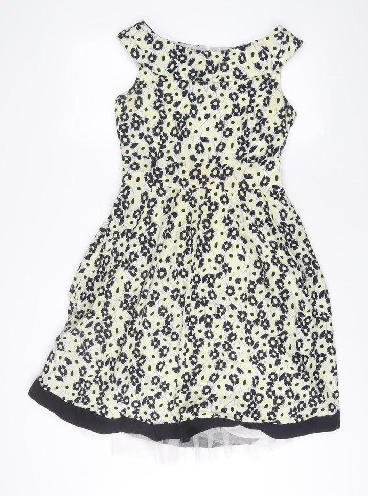 Principles Womens Yellow Floral Cotton Fit & Flare Size 10 Boat Neck Zip