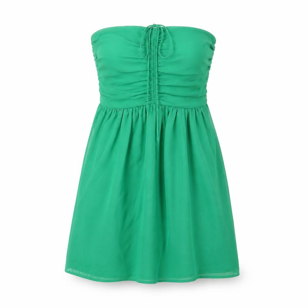 Front view of Zara women’s green polyester a-line, size S, off the shoulder zip