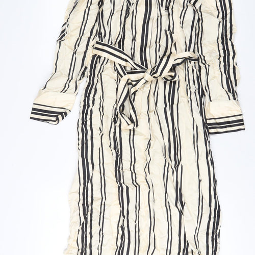Autograph Womens Beige Striped Viscose A-Line Size 16 Collared Button - Belted