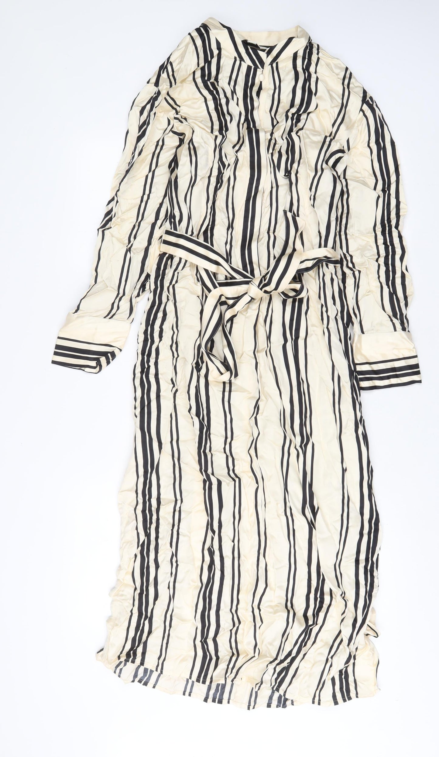 Autograph Womens Beige Striped Viscose A-Line Size 16 Collared Button - Belted