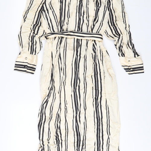 Autograph Womens Beige Striped Viscose A-Line Size 16 Collared Button - Belted