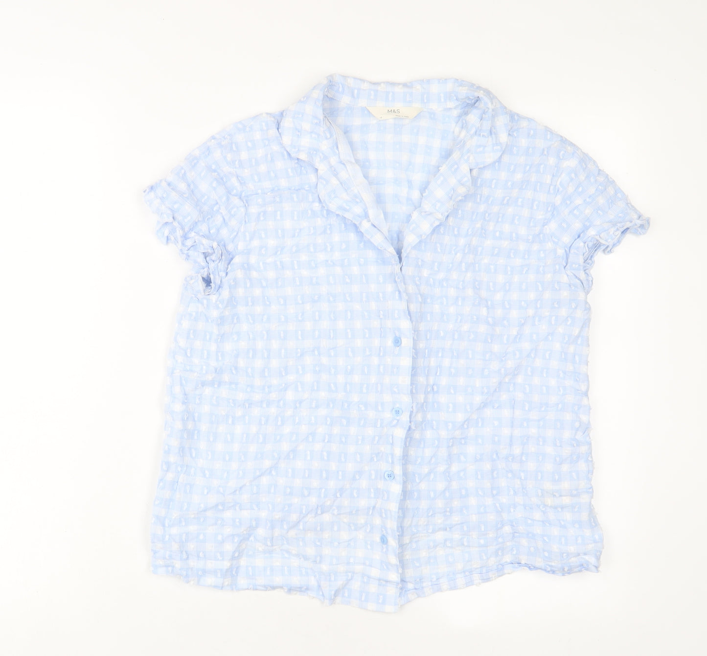 Marks and Spencer Womens Blue Plaid Cotton Top Pyjama Top Size 10 Button - Embroidered