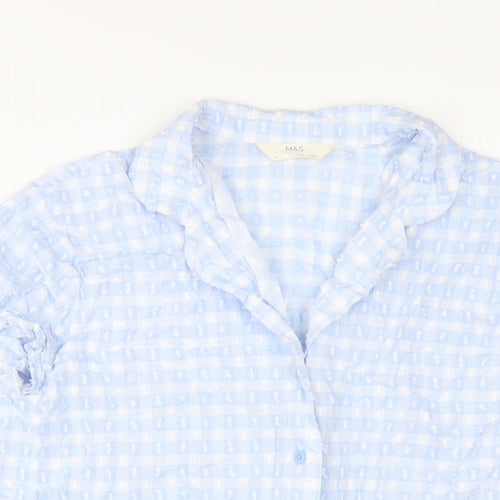 Marks and Spencer Womens Blue Plaid Cotton Top Pyjama Top Size 10 Button - Embroidered