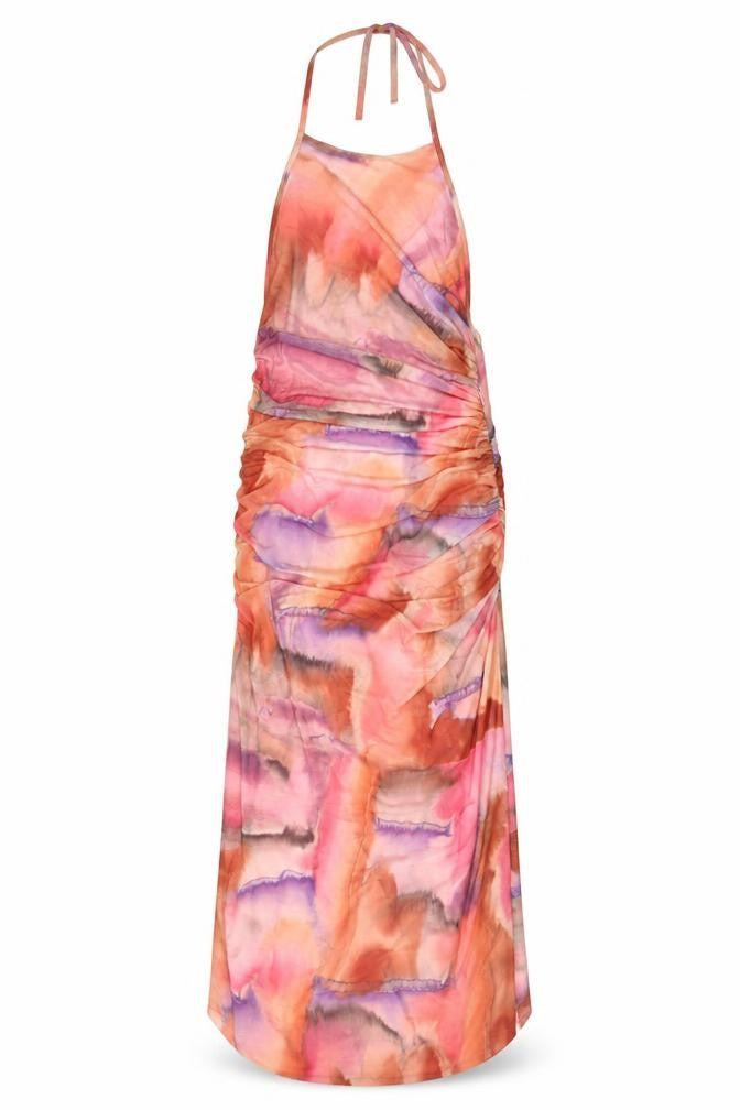 Front view of Zara women’s multicoloured geometric polyester a-line, size S, halter zip