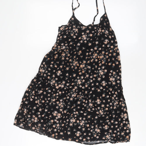 New Look Womens Black Floral Viscose A-Line Size 6 V-Neck Pullover - Belted