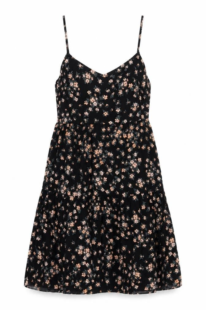 Front view of New Look women’s black floral viscose a-line, size UK 6, v-neck pullover - belted