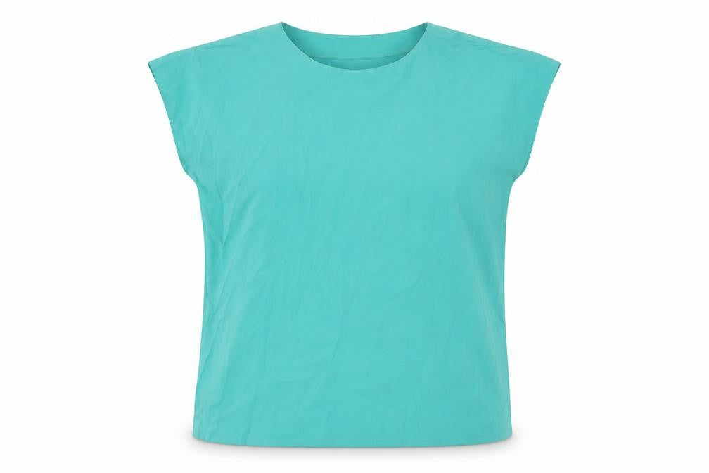 Front view of Pallo Paita Oy women’s blue polyester basic t-shirt, size UK 12, crew neck