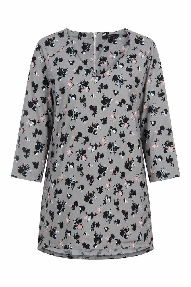 Front view of Next women’s grey floral viscose a-line, size UK 12, v-neck zip