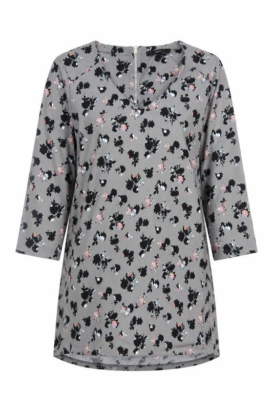Front view of Next women’s grey floral viscose a-line, size UK 12, v-neck zip