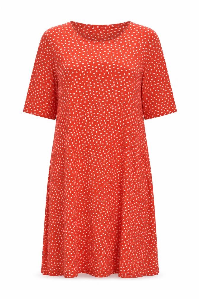 Front view of Marks & Spencer women’s brown polka dot viscose a-line, size UK 12, crew neck pullover