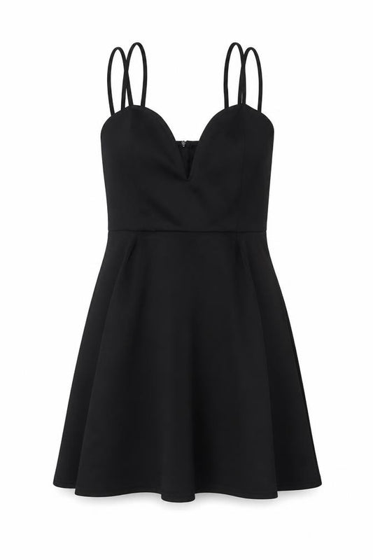 Front view of PRETTYLITTLETHING women’s black polyester a-line, size UK 12, v-neck