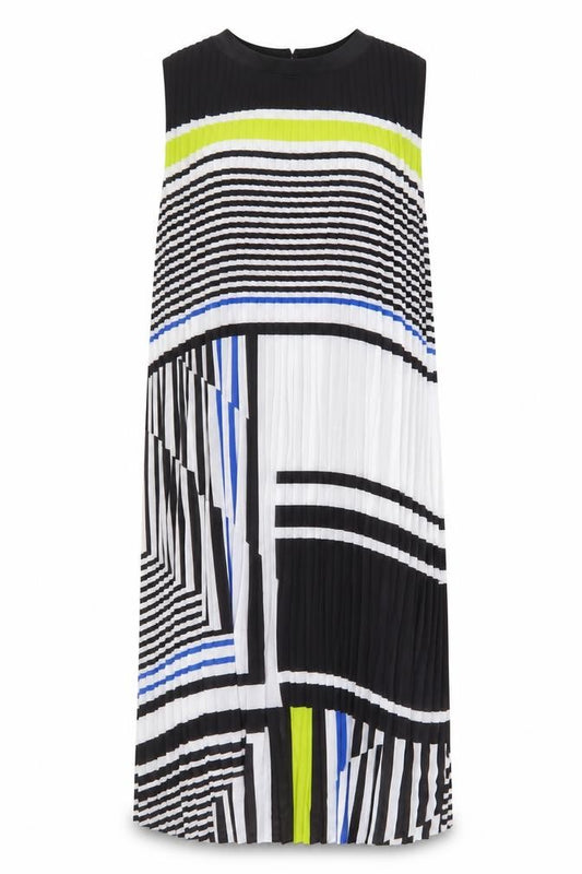 Front view of John Lewis women’s multicoloured striped polyester a-line, size UK 16, round neck hook & eye - pleated
