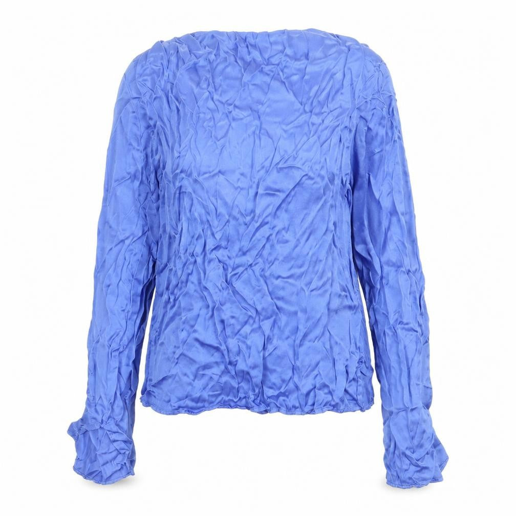 Front view of Marks & Spencer women’s blue viscose basic blouse, size UK 12, high neck