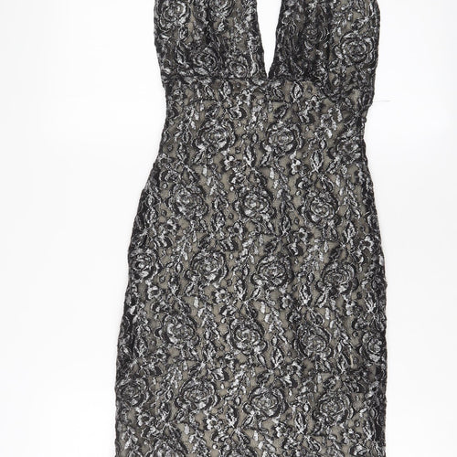Love Womens Grey Floral Polyester A-Line Size S Halter Button