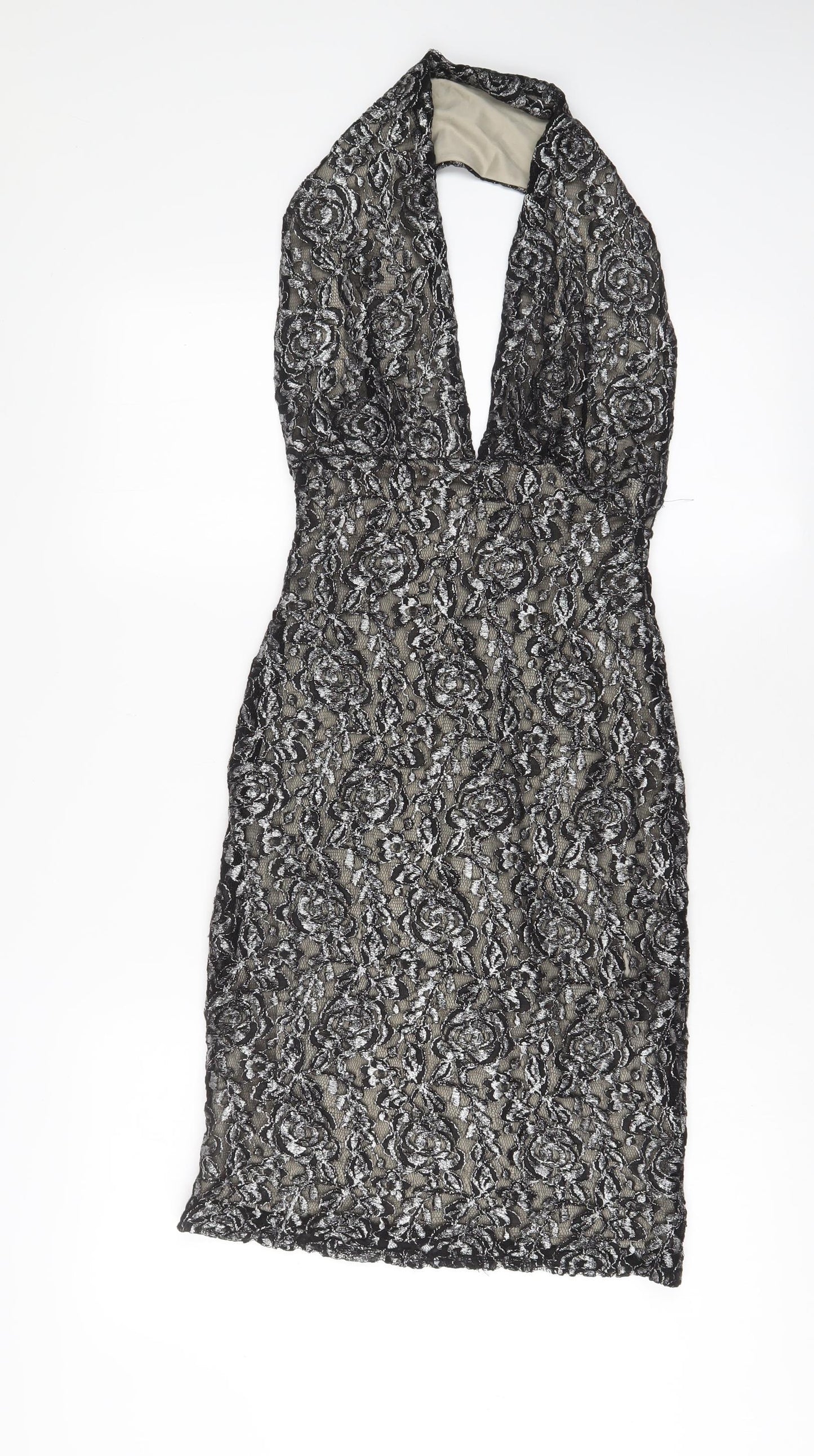Love Womens Grey Floral Polyester A-Line Size S Halter Button