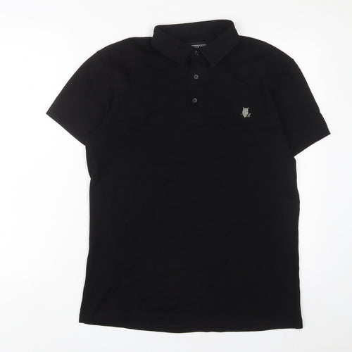 Suave Owl Mens Black Polyester Polo Size L Collared Button